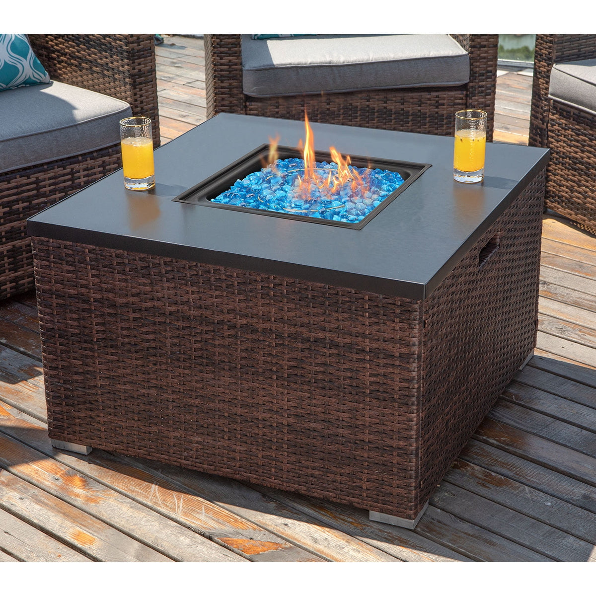 COSIEST Outdoor Patio Propane Fire Pit Square Espresso Brown Wicker Fi