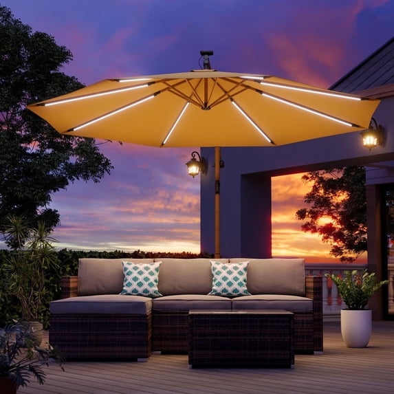 COSIEST 10FT Offset Hanging Patio Umbrella with Solar Lights & Cross Base Cantilever Shade with 8 Sturdy Ribs Easy-Tilt,Adjustment for Garden, Deck