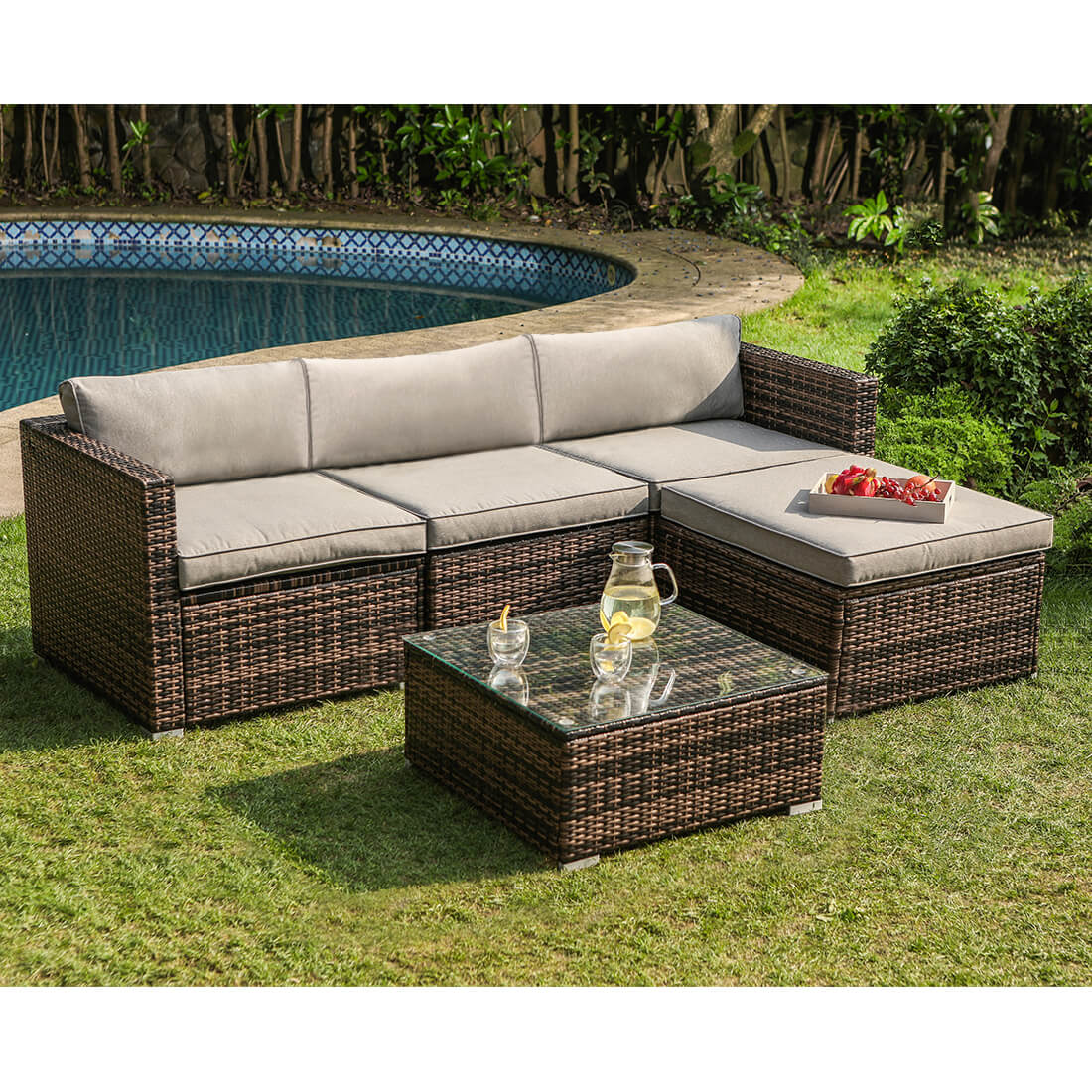 Sokach 5 Piece L Shaped Wicker Sectional Patio Set COSIEST