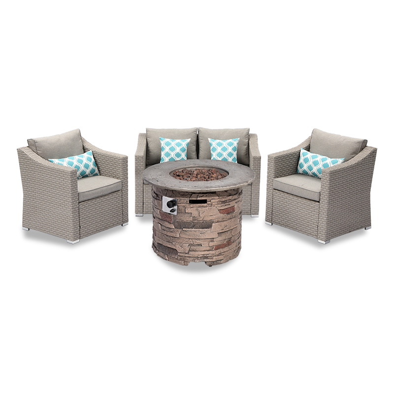 4 Piece Wicker Patio Conversation Sofa with Round Fire Pit COSIEST