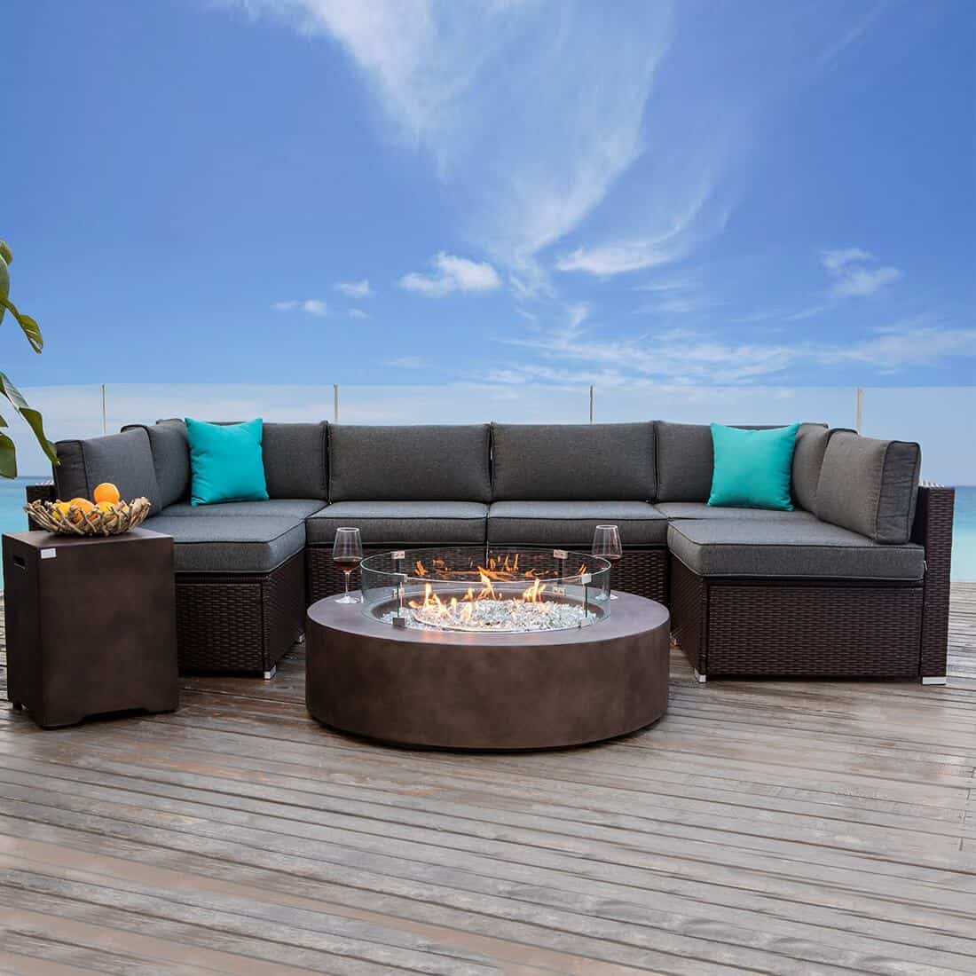 Johnston 8 Piece U Shaped Outdoor Couch with Round Fire Pit