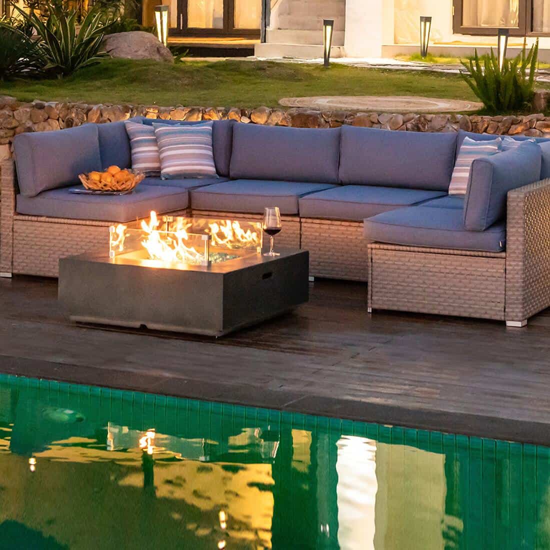 Maui 7 Piece Outdoor Sofa Set with Square Fire Pit and Tank Cover