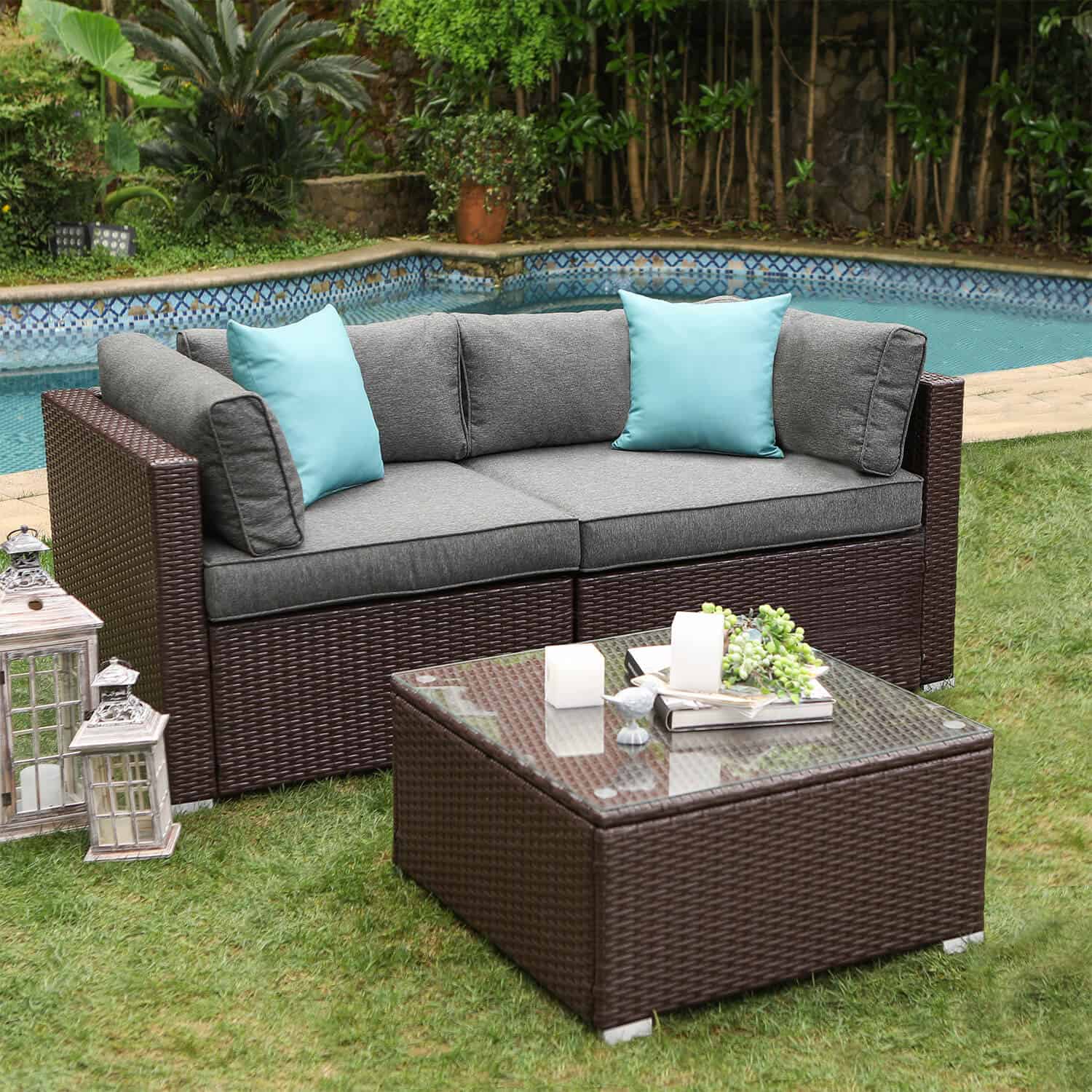 Serein Outdoor Chocolate Wicker Love Seat with Table