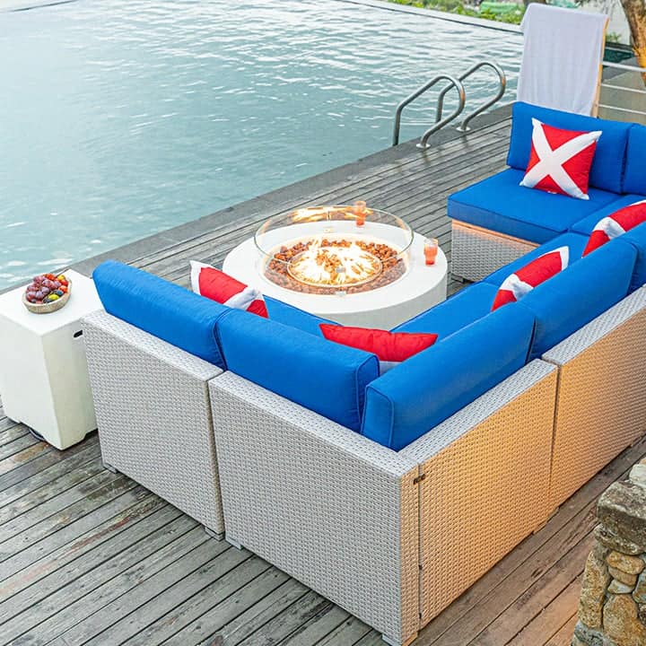 Maui 8 Piece U Shaped Outdoor Sofa with Round Fire Pit