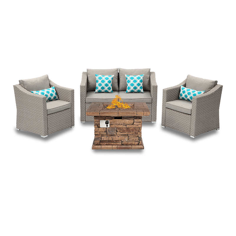Palmyra 4 Piece Wicker Conversation Sofa Set with Square Fire Pit
