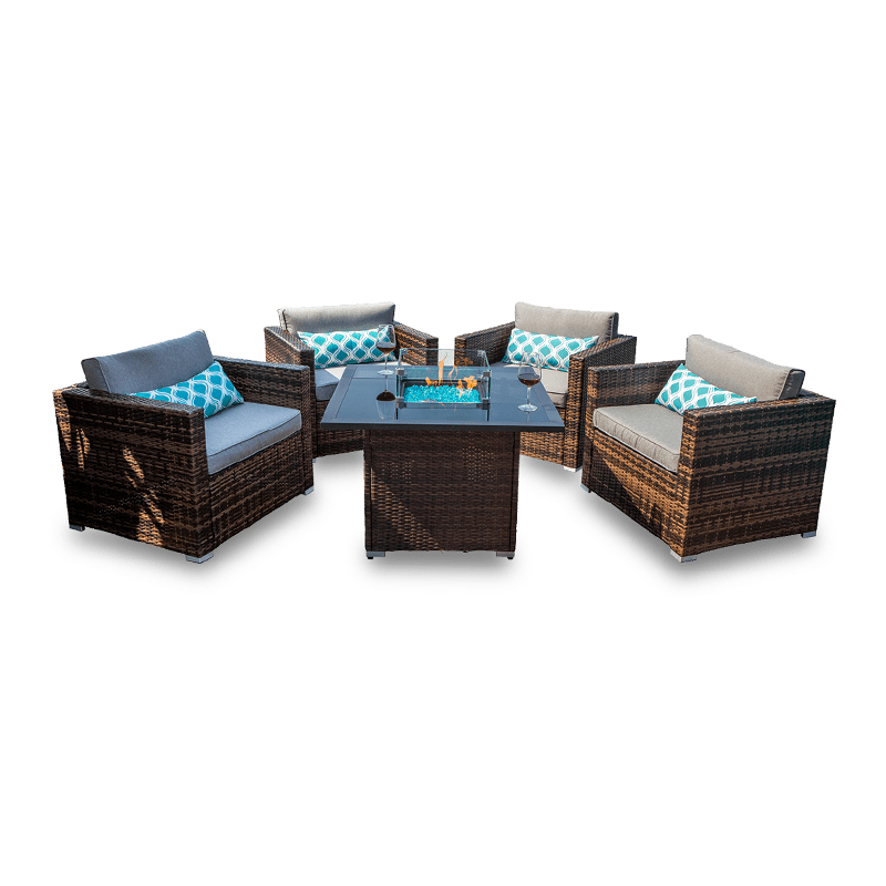 Catskill 5 Piece Mixed Wicker Sofa Chair with Square Fire Pit