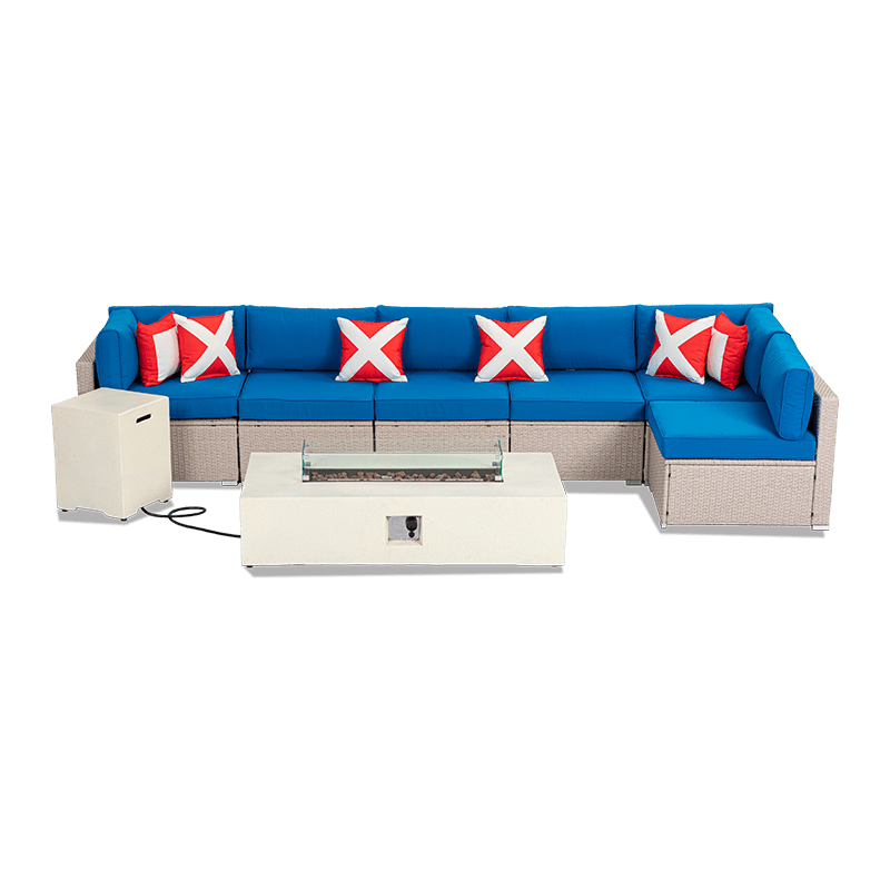 Maui 8 Piece L Shaped Outdoor Couch with Rectangular Fire Pit