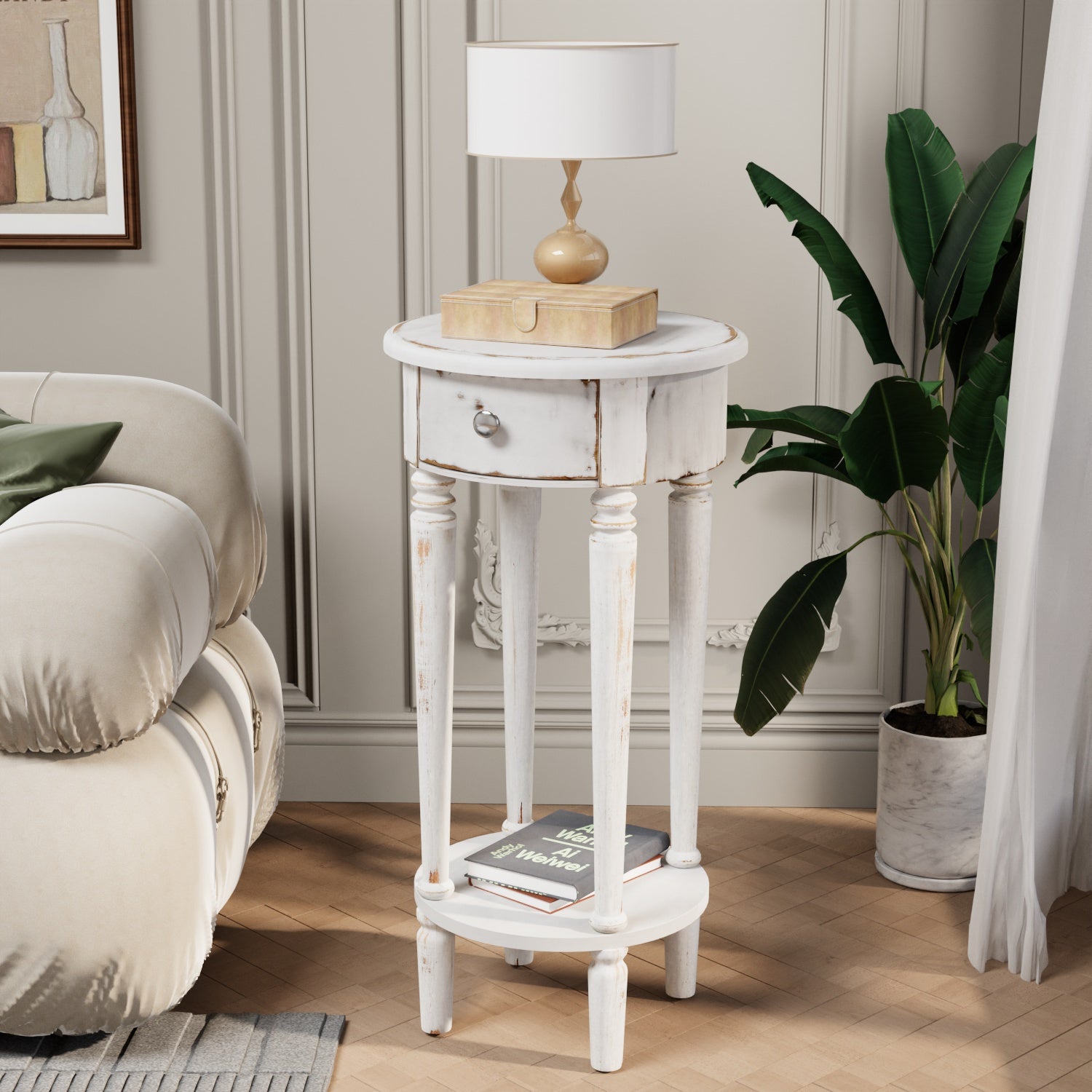 COSIEST White Distressed Round Tall Telephone Stand Table