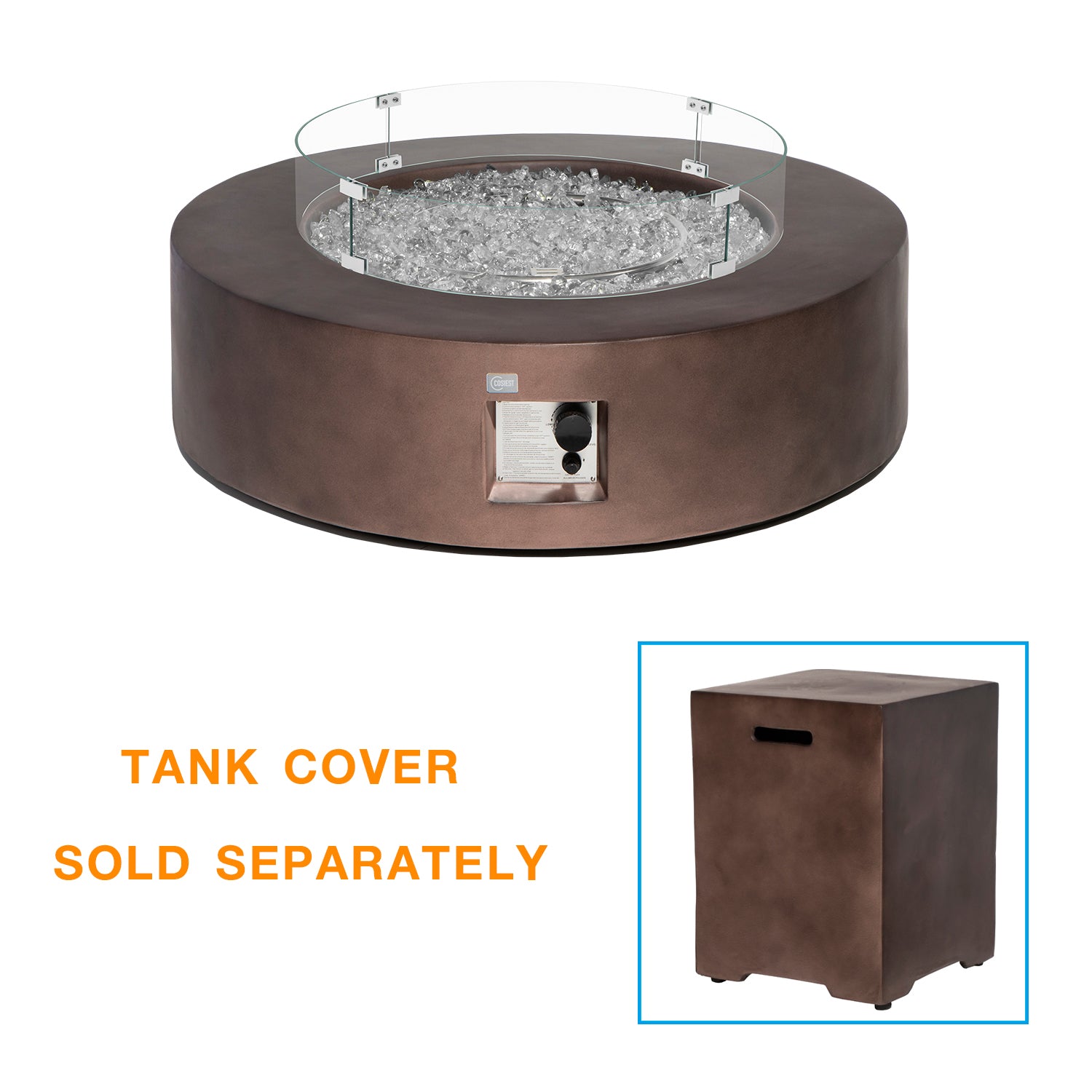 COSIEST Outdoor Propane Fire Pit Coffee Table w Dark Bronze 40.5-inch Round Base Patio Heater, 50,000 BTU Stainless Steel Burner, Wind Guard, Transparent Gray Fire Glass, Waterproof Cover