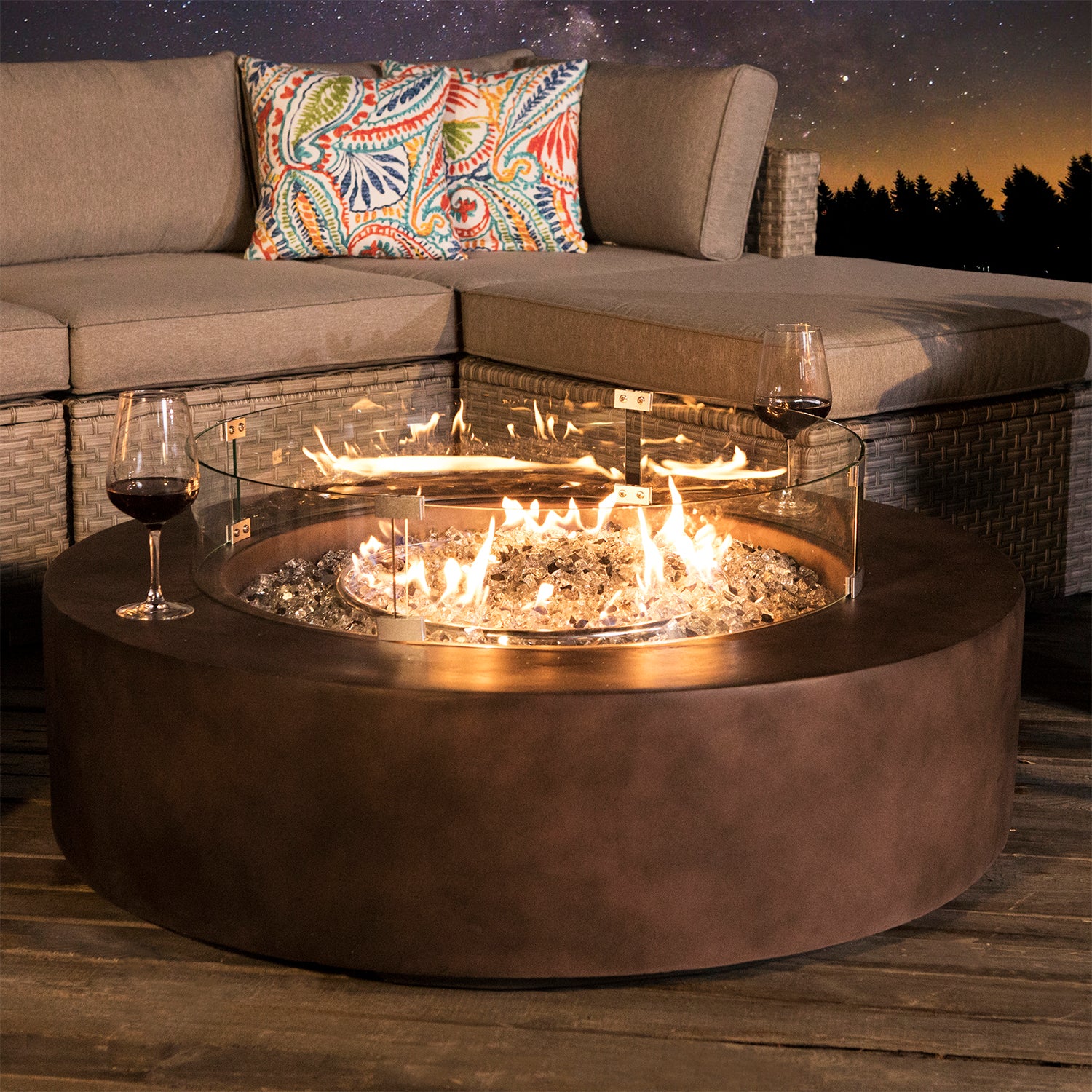 COSIEST Outdoor Propane Fire Pit Coffee Table w Dark Bronze 40.5-inch Round Base Patio Heater, 50,000 BTU Stainless Steel Burner, Wind Guard, Transparent Gray Fire Glass, Waterproof Cover