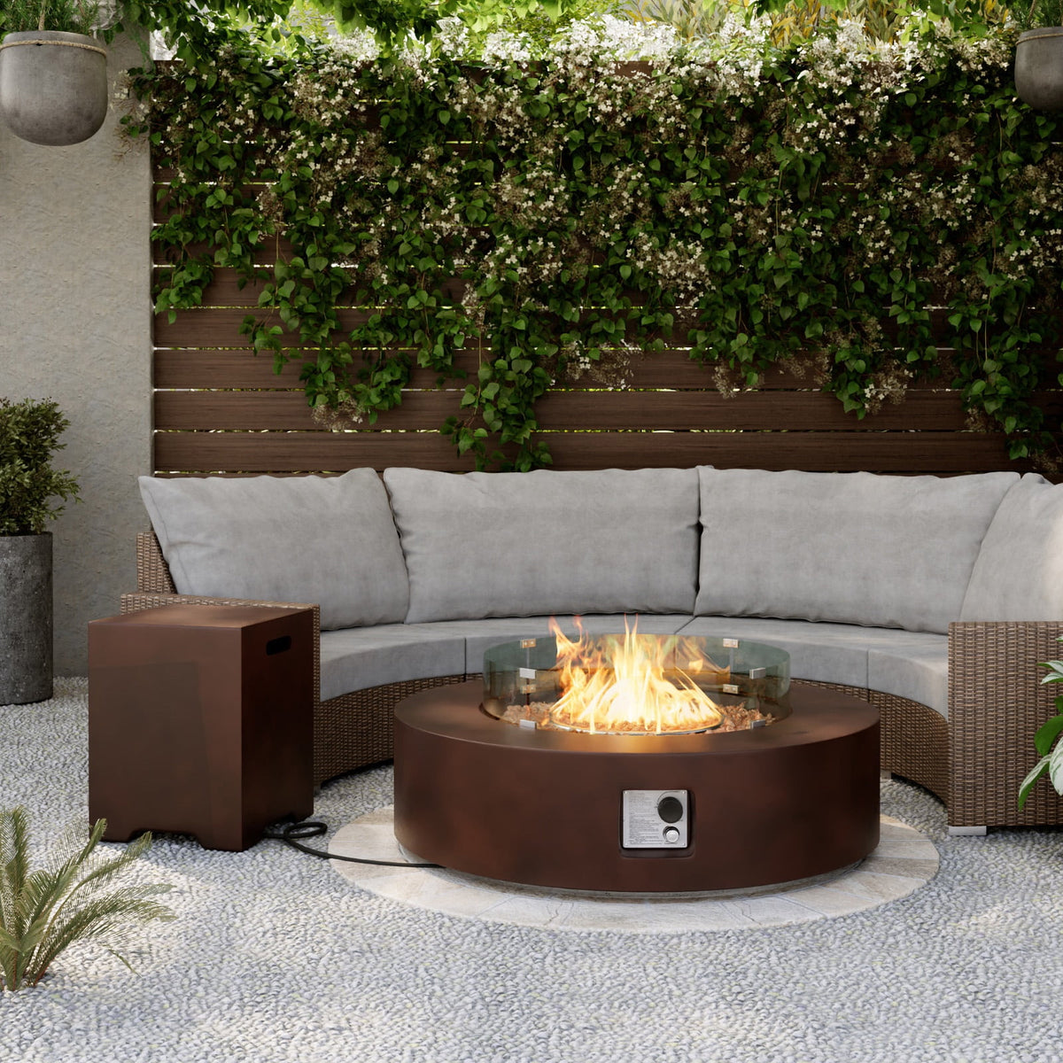 COSIEST 2-Piece Outdoor Propane Firepit Table Set with Tank Table, Win