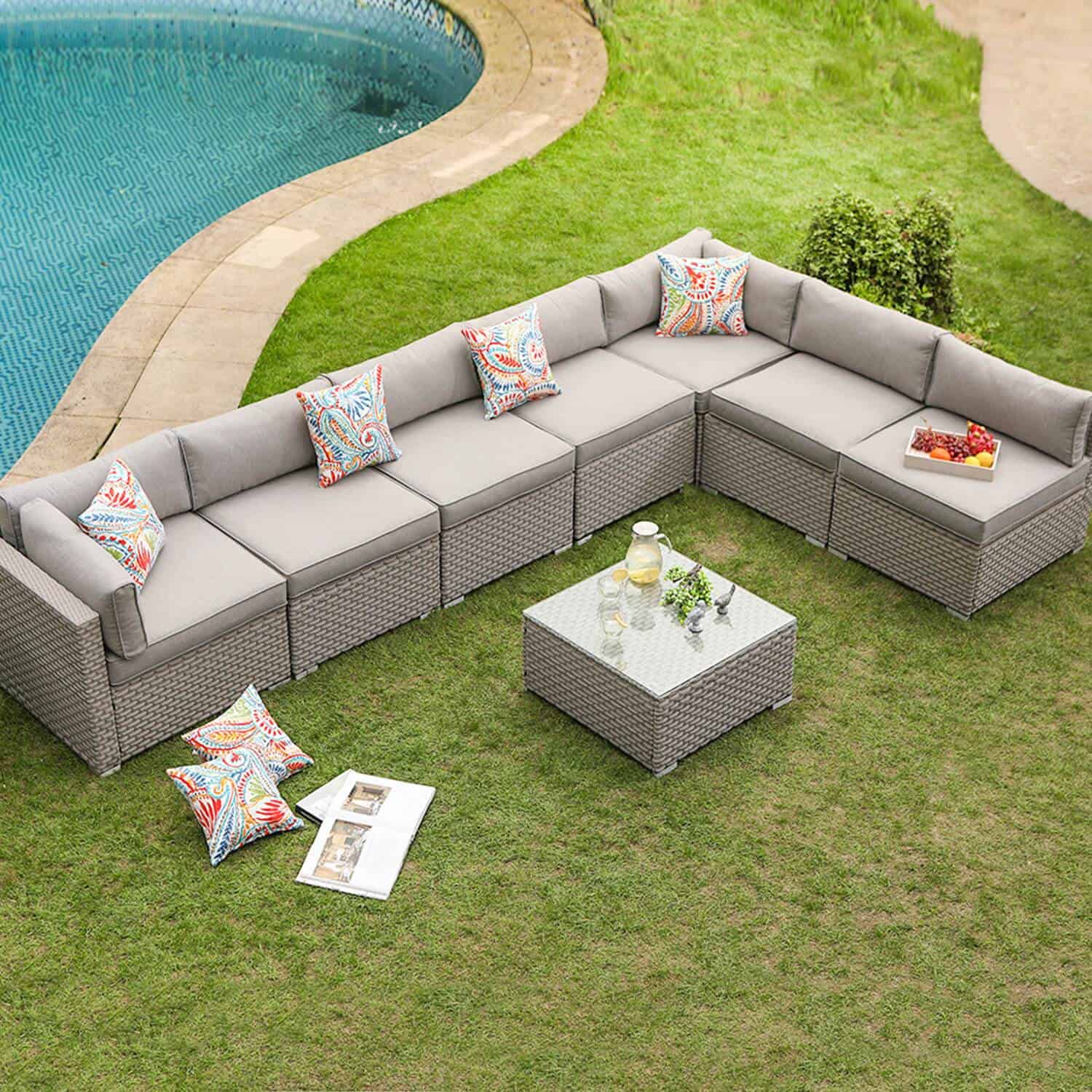 Aurora 8 Piece L Shaped Outdoor Patio Sectional Sofa
