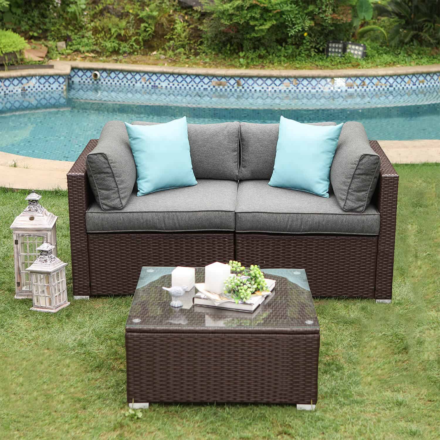 Serein Outdoor Chocolate Wicker Love Seat with Table