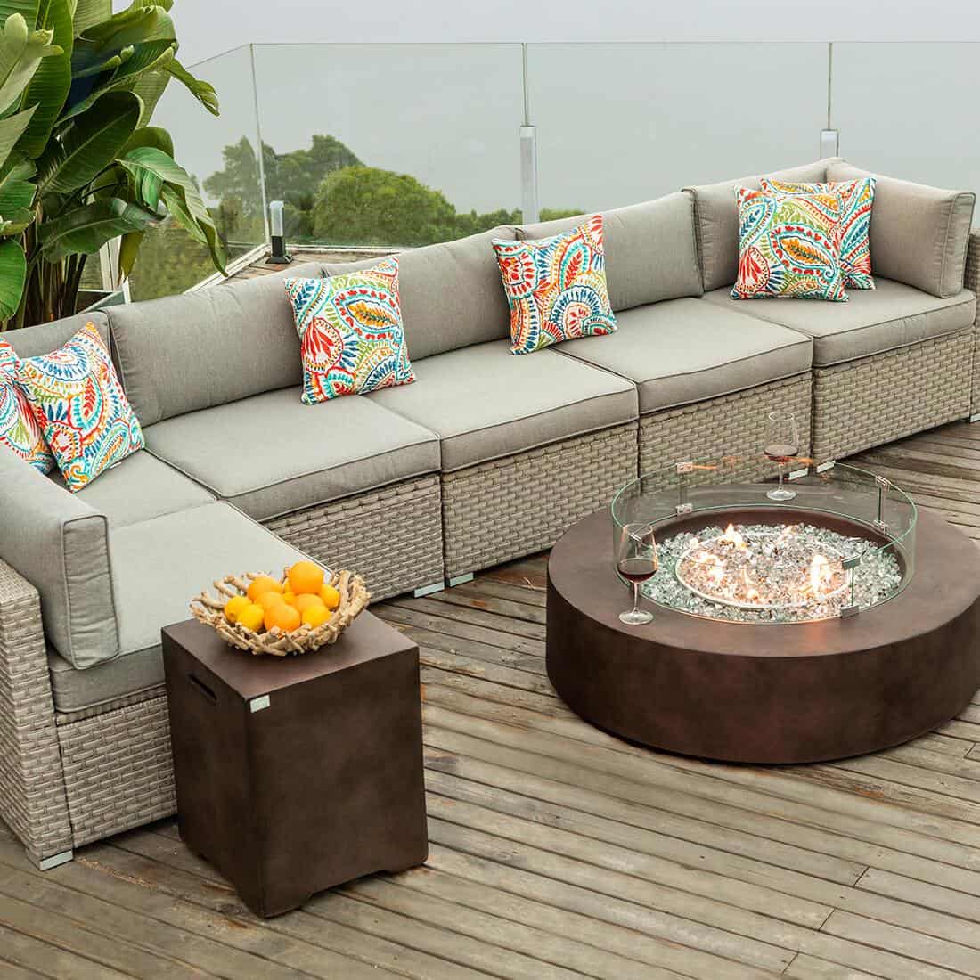 Maui 8 Piece L Shaped Patio Sofa with Round Fire Pit