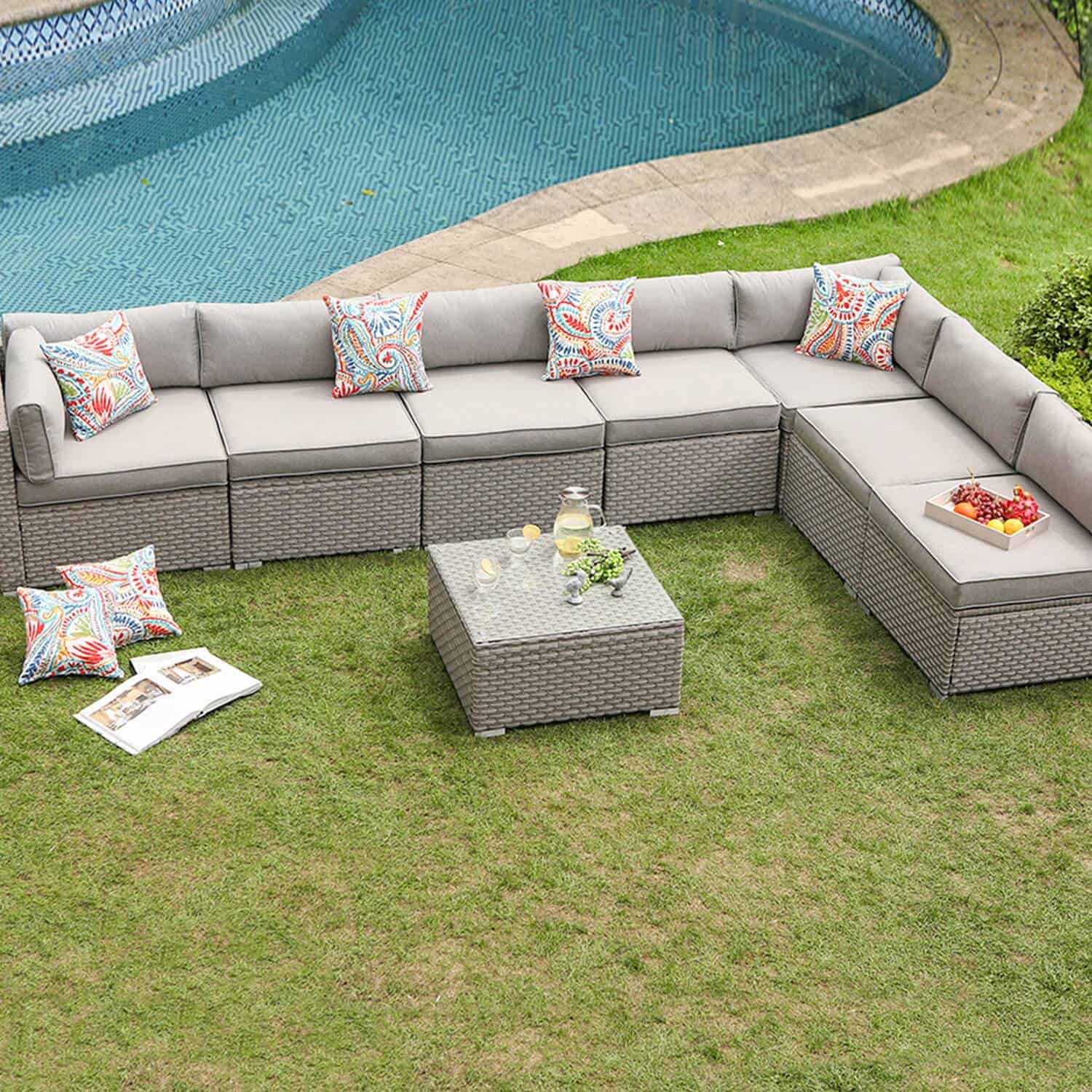 Aurora 8 Piece L Shaped Outdoor Patio Sectional Sofa