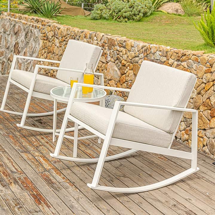 Kauai White Jacquard Outdoor Patio Rocking Chair Set
