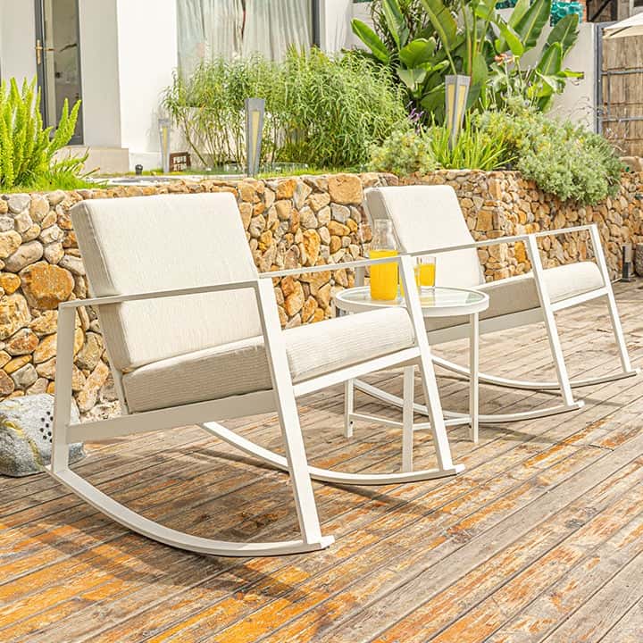 Kauai White Jacquard Outdoor Patio Rocking Chair Set