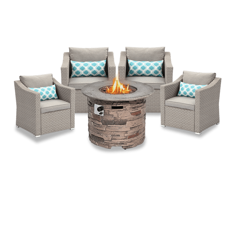 Palmyra 5 Piece Outdoor Wicker Conversation Set with Round Fire Pit