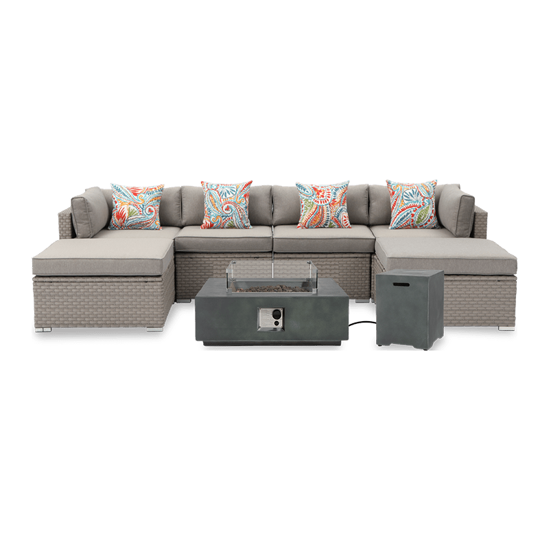 Maui 8 Piece Outdoor Sofa Set with Square Fire Pit and Tank Cover