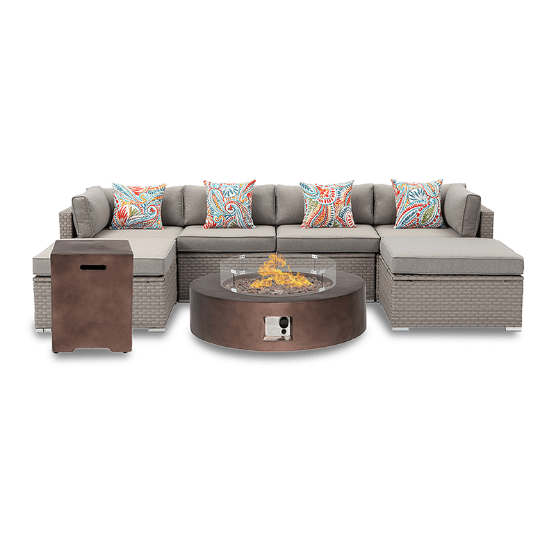 Maui 8 Piece Outdoor Sofa Set with Round Fire Pit and Tank Cover