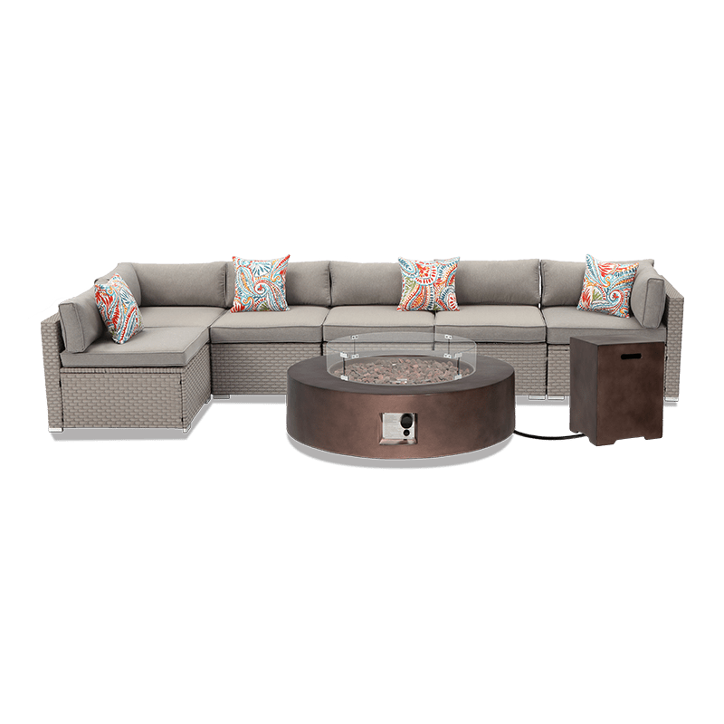 Maui 8 Piece L Shaped Patio Sofa with Round Fire Pit